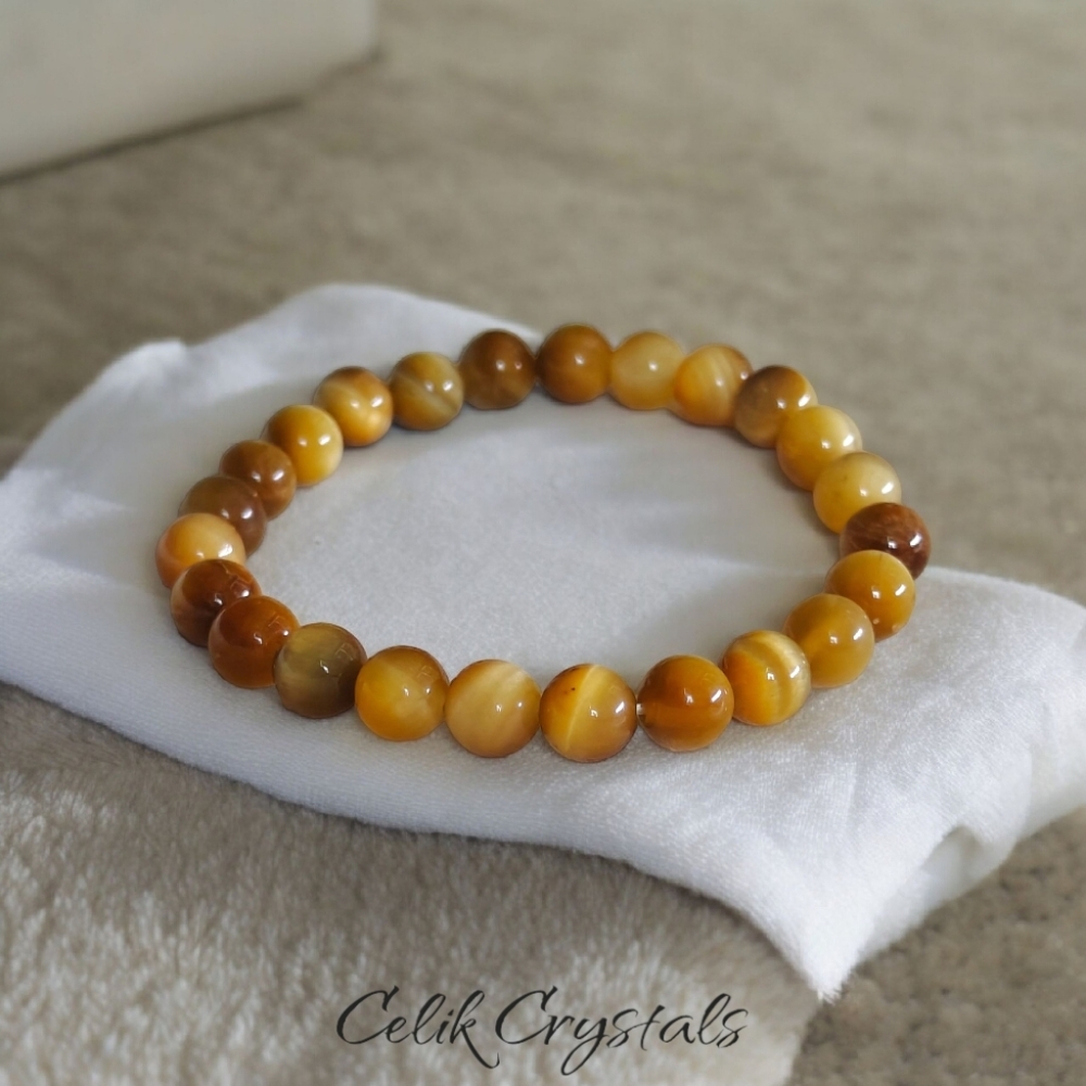 Gold Tiger Eye Bracelet Natural Stones 8mm Stretches Unisex